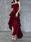 Amozae-dress to impress party dress nye outfits Irregular Ruffled Suspender Prom Dress Burgundy Long Birthday Dress YM1630