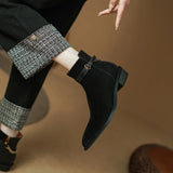 Amozae-New Women Autumn Winter Kid Suede Pointed Toe Chunky Heels Short Boots Ladies Metal Chain Decoration Handmade Retro Ankle Boots
