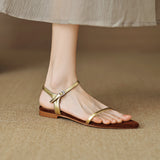 Amozae-Amozae Women New Pointed Toe Flat Heels Split Leather Shoes Summer Leisure Narrow Band Belt Buckle Sandals Женские Сандалии 2024