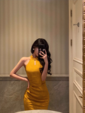 Amozae-dress to impress party dress nye outfits Sexy Gold Halter Neck Print Floral Slit Party Dress YM1671