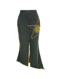 Amozae-Embroidered denim maxi skirt with slit and vintage star- Streetwear y2k outfits Fall Outfits Christmas Thanksgiving Gift New Year's Eve