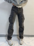 Amozae-Mid-rise faded gray cargo jeans- Streetwear y2k outfits Fall Outfits Christmas Thanksgiving Gift New Year's Eve