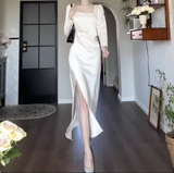 Amozae-dress to impress party dress nye outfits Elegant White Slit Prom Dress Women's Long Sleeve Birthday Dress YM1696