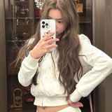 Amozae-Hot Girl Zip Up Hoodie White Rhinestone Short Long Sleeves Hoody Harajuku Casual Kpop Punk Sweatshirt Top Women Y2k Hoodies Coat