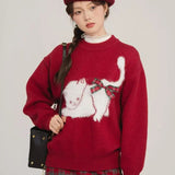 Amozae-Pullover Sweater Bow Cat Print Korean Fashion Y2k Cashmere Knitted Streetwear Female Top Autumn Winter Christmas Clothes
