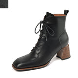 Amozae-Retro Leather Square Toe Chunky Heels Short Boots Women 2023 Autumn and Winter New Genuine Cow Leather Lace-up High-heeled Shoes