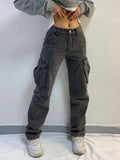 Amozae-Mid-rise faded gray cargo jeans- Streetwear y2k outfits Fall Outfits Christmas Thanksgiving Gift New Year's Eve