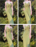 Amozae-dress to impress party dress nye outfits Green Suspender Evening Dress French Style Slim Green Party Dress YM1695