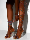 Amozae-Bow Rhinestone Sequin Lace Up Sandals