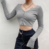 comfy school outfits Spring New Women's Sexy Solid Color V-neck Knitted Top T-shirt for Women