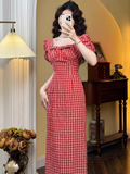 Amozae-dress to impress party dress nye outfits Retro Square Neck Puff Sleeve Dress YM1540