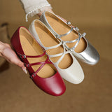 Amozae-Women Flat Heels Genuine Leather Shoes Summer Fashion Mary Jane Shoes Ladies Round Toe Belt Buckle Classic Casual Pumps