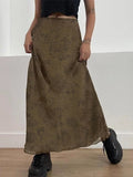 Amozae-Brown vintage floral mesh maxi skirt- Streetwear y2k outfits Fall Outfits Christmas Thanksgiving Gift New Year's Eve
