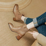 Amozae-Retro Leather Square Toe Chunky Heels Short Boots Women 2023 Autumn and Winter New Genuine Cow Leather Lace-up High-heeled Shoes