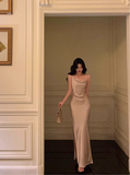 Amozae-dress to impress party dress nye outfits Classy Suspender Dress Slit Satin Champagne Long Party Dress YM1675