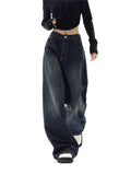 Amozae-Dark blue 90s vintage baggy boyfriend jeans- Streetwear y2k outfits Fall Outfits Christmas Thanksgiving Gift New Year's Eve