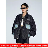 90s streetwear American Plaid Pocket Stitching Denim Coat Women's Spring and Autumn Tangram Contrast Color Couple Lapel Jacket Fashion