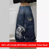 1980s fashion trends E-Commerce Y2g Gothic Style Jeans Men's American High Street Personalized Pattern Loose Straight Wide Leg Jeans