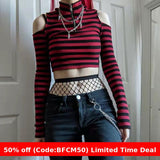 1980s fashion trends Contrast Color Striped off-the-Shoulder Slim-Fit Short Knitted Long-Sleeved T-shirt Top Spring New