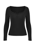 Amozae-Fall Outfits -Black long-sleeved knit top with lace trim- Streetwear y2k outfits Fall Outfits Christmas Thanksgiving Gift New Year's Eve