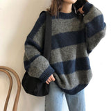 fall outfits women Women's Knitwear Autumn and Winter New Lazy Style Contrast Color Striped Loose round Neck Long Sleeve Sweater Early Autumn Top