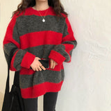 fall outfits women Women's Knitwear Autumn and Winter New Lazy Style Contrast Color Striped Loose round Neck Long Sleeve Sweater Early Autumn Top