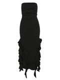 Amozae-Black asymmetric bandeau maxi dress with ruffles- Streetwear y2k outfits Fall Outfits Christmas Thanksgiving Gift New Year's Eve