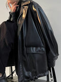 Amozae-Retro Oversized Schwarze Faux Lederjacke mit Reißverschluss- Streetwear y2k outfits Fall Outfits Christmas Thanksgiving Gift New Year's Eve