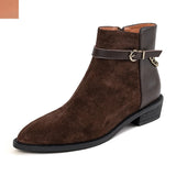 Amozae-New Women Autumn Winter Kid Suede Pointed Toe Chunky Heels Short Boots Ladies Metal Chain Decoration Handmade Retro Ankle Boots