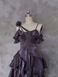 Amozae-dress to impress party dress nye outfits Irregular Ruffled Suspender Prom Dress Dark Purple Long Birthday Dress YM1629