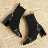 Amozae-Autumn Women Knit Ankle Boots Fashion Slip On Slimming Short Booties Autumn Winter Female Thick Heel Shoes-Platform boots