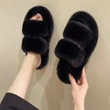 Amozae-New Winter Open Toe Slipper Fashion Fur Thick Sole Flats Heel Ladies Casual Slip On Bedroom Shoes Soft Outdoor Slides Shoes-Platform boots