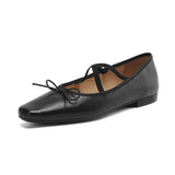 Amozae-Genuine Leather Mary Jane Shoes Women Chunky Heel Ballet Flats with Cross Elastic Strap Retro Casual Pumps for Daily Commuting