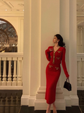 Amozae-dress to impress party dress nye outfits Vintage V Neck Prom Dress New Red Two-Piece Knitted Dress  YM1667