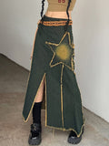 Amozae-Embroidered denim maxi skirt with slit and vintage star- Streetwear y2k outfits Fall Outfits Christmas Thanksgiving Gift New Year's Eve
