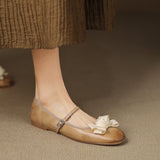 Amozae-2025 Women's Mary Janes Slip-On Flat Genuine Leather Belt Buckle Flower Decoration Vintage Comfortable Summer Casual Dress Shoes