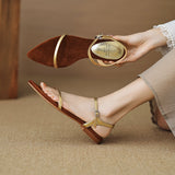 Amozae-Amozae Women New Pointed Toe Flat Heels Split Leather Shoes Summer Leisure Narrow Band Belt Buckle Sandals Женские Сандалии 2024