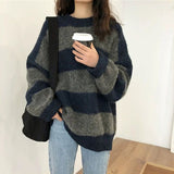 fall outfits women Women's Knitwear Autumn and Winter New Lazy Style Contrast Color Striped Loose round Neck Long Sleeve Sweater Early Autumn Top