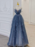 Amozae-Cyber Monday Christmas party outfits Gray blue tulle sequin beads long prom dress, blue evening dress BD13