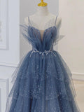 Amozae-Cyber Monday Christmas party outfits Gray blue tulle sequin beads long prom dress, blue evening dress BD13