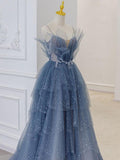 Amozae-Cyber Monday Christmas party outfits Gray blue tulle sequin beads long prom dress, blue evening dress BD13