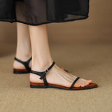 Amozae-Amozae Women New Pointed Toe Flat Heels Split Leather Shoes Summer Leisure Narrow Band Belt Buckle Sandals Женские Сандалии 2024