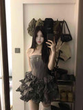 Amozae-nye outfits back to school dress  Strapless Double Breasted Ruffle Tiered Mini Dress