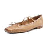 Amozae-Genuine Leather Mary Jane Shoes Women Chunky Heel Ballet Flats with Cross Elastic Strap Retro Casual Pumps for Daily Commuting