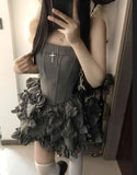 Amozae-nye outfits back to school dress  Strapless Double Breasted Ruffle Tiered Mini Dress