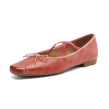 Amozae-Genuine Leather Mary Jane Shoes Women Chunky Heel Ballet Flats with Cross Elastic Strap Retro Casual Pumps for Daily Commuting