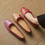 Amozae-New Women's Genuine Cowhide Leather Ballet Flats Bow Decor Soft Sole Flat Shoes Spring Autumn Low Cut Round Toe Casual Comfort