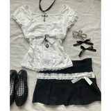 Amozae-Y2k Top Lace White Slim Kawaii Cute Women Clothes T shirt Suit Harajuku Sexy Sweet Girl Japanese Grunge Crop Top 2000s Tshirts