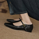 Amozae-Women Vintage Square Toe Flat Heels Sheepskin Shoes Office Ladies Belt Buckle Chunky Heels Retro Mary Janes Pumps Outdoor Wear