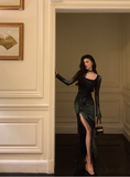 Amozae-dress to impress party dress nye outfits Sexy Square Neck Halter Prom Dress Slit Long Evening Gown YM1623